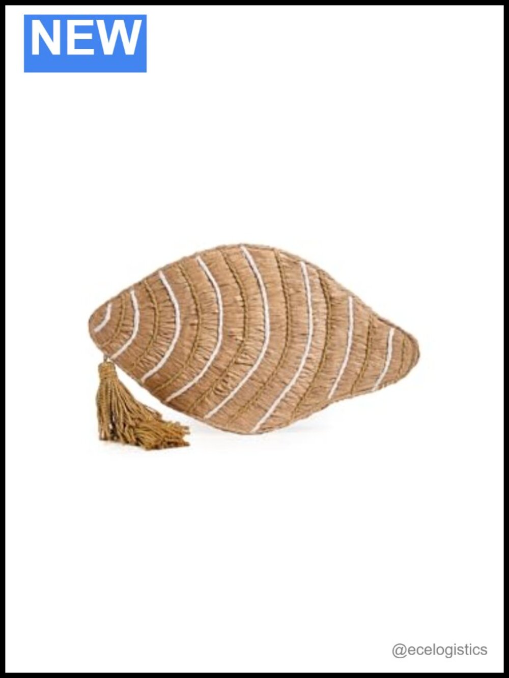 Woven Raffia Clutch with Braided Strap and Gold Tassel, 13in Semicircular Shell